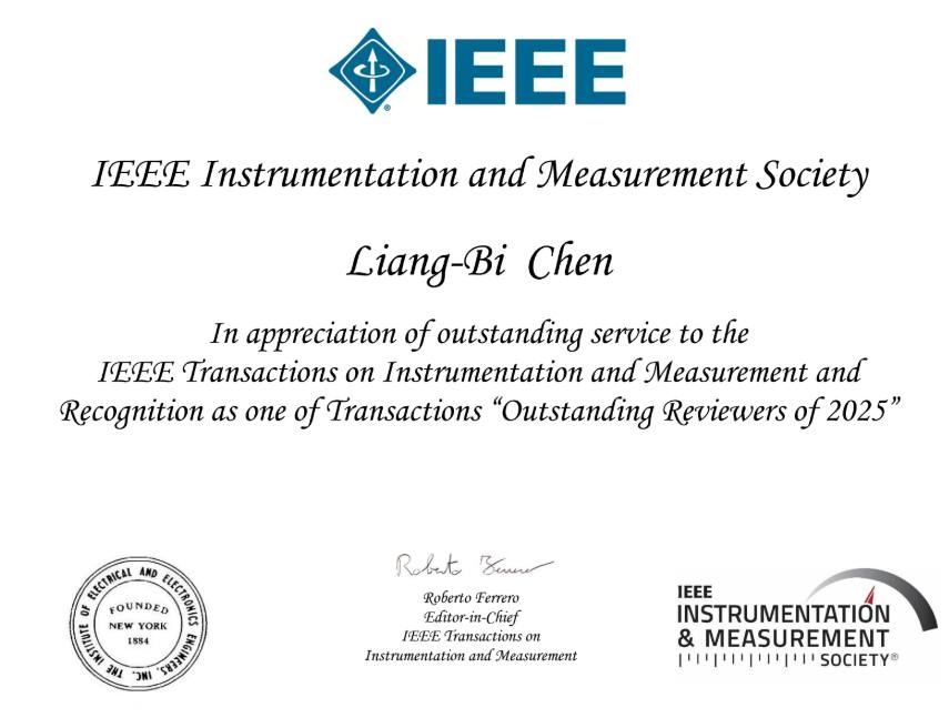 IEEE Transactions on Instrumentation and Measurement (TIM) 國際期刊 2025年度傑出期刊論文評審委員(Outstanding Reviewer of 2025)證書