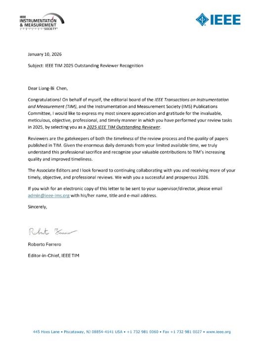 IEEE Transactions on Instrumentation and Measurement (TIM) 國際期刊 2025年度傑出期刊論文評審委員(Outstanding Reviewer of 2025)獲選通知信